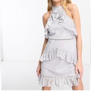 True Decadence Gray Jacquard Ruffle Mini Dress US 10 Wedding Guest